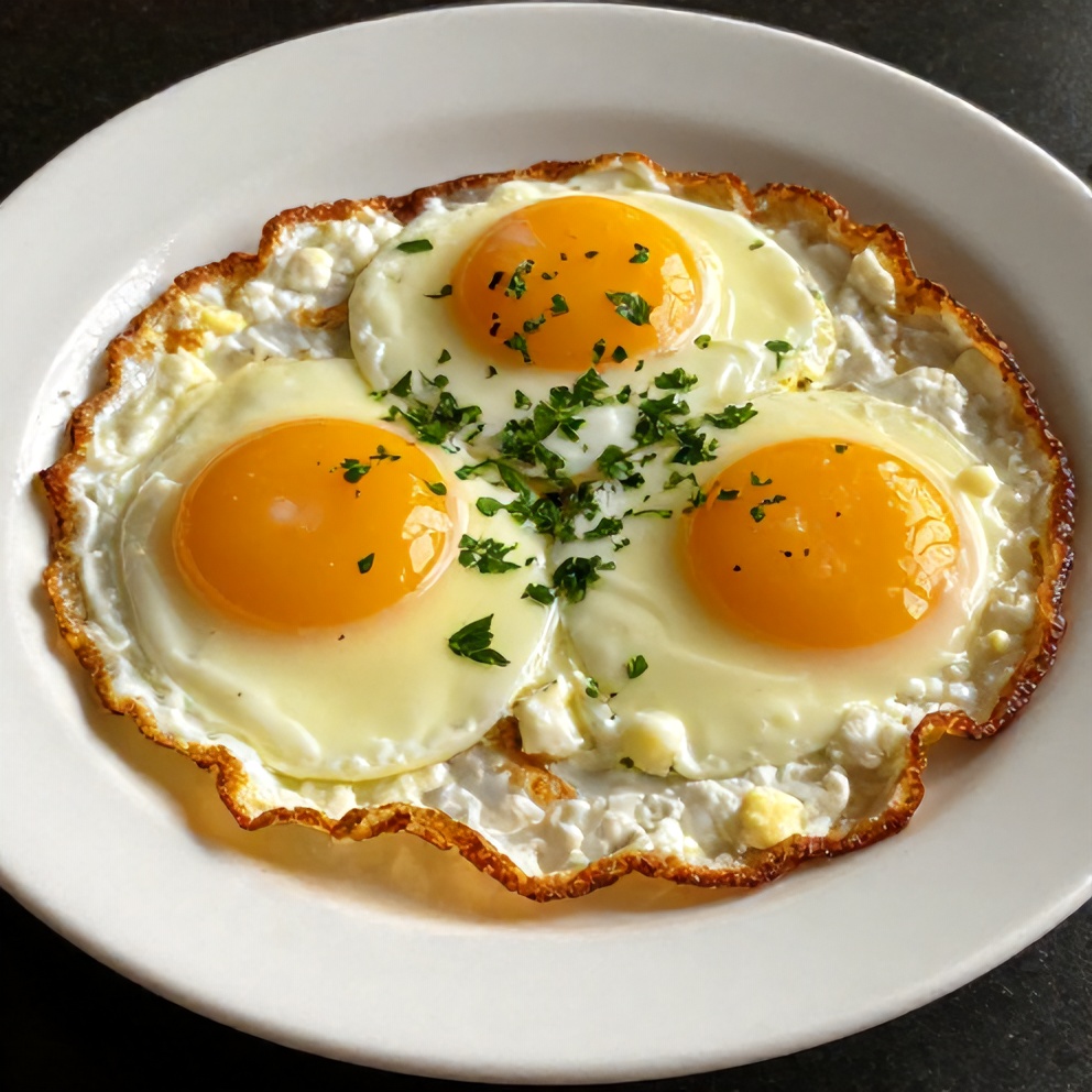 Plated crispy feta fried eggs with a sprinkle of fresh parsley