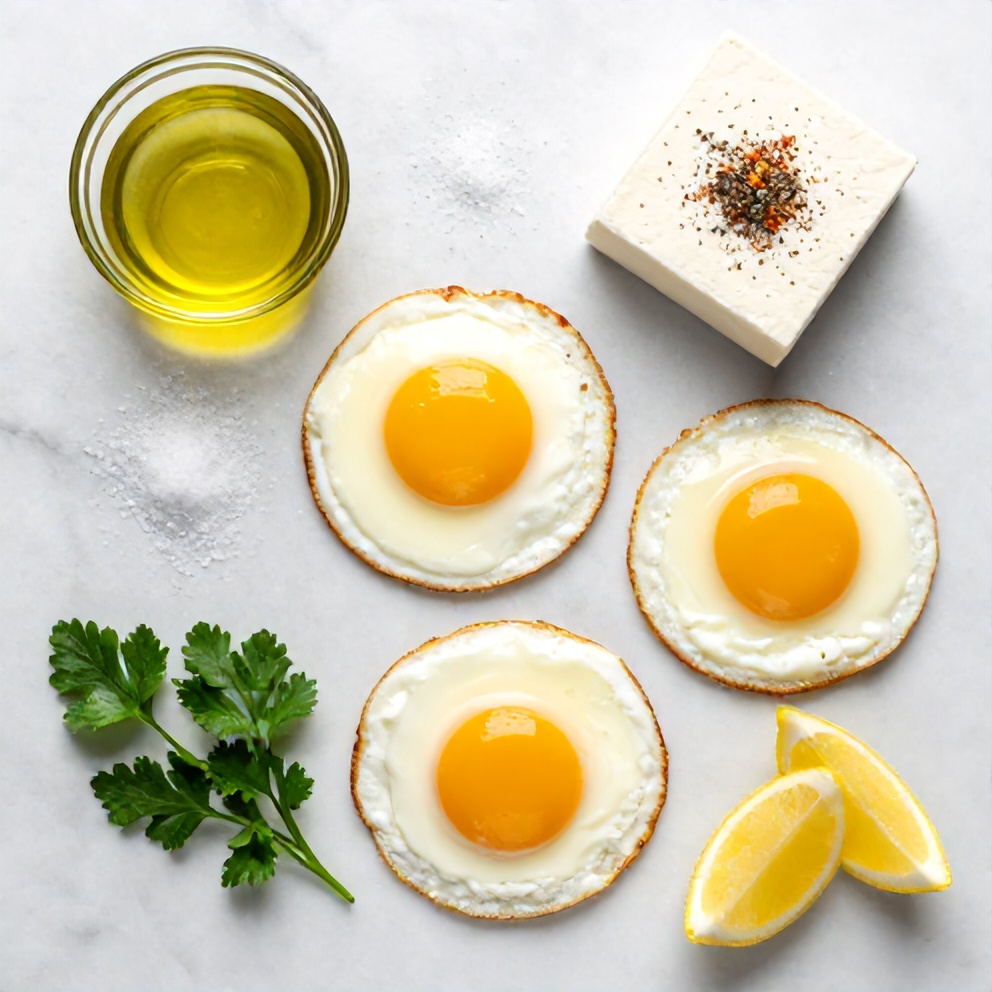 Raw ingredients for crispy feta fried eggs laid out on a wooden surface