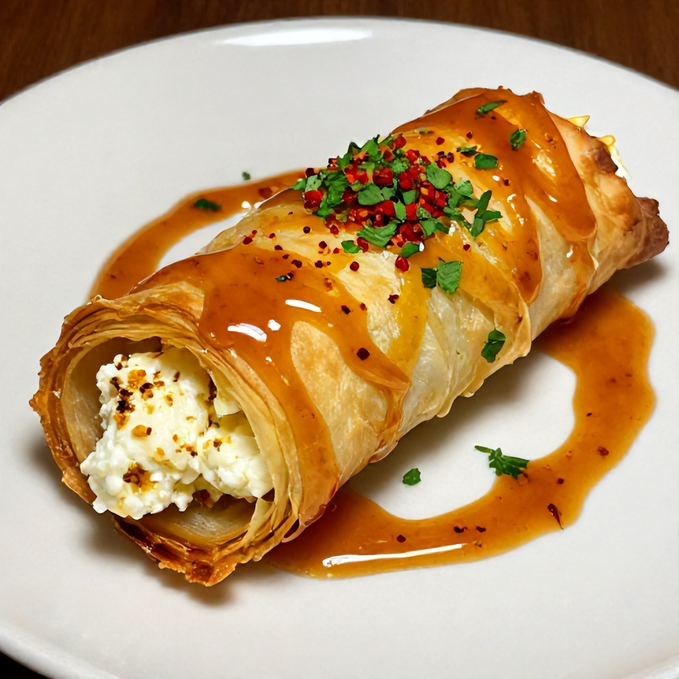 Plated Crispy Feta Phyllo Rolls with Sweet Chili Honey Sauce