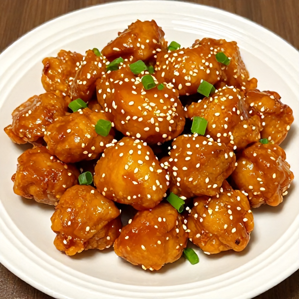 Plated Crispy Gluten-Free Orange Chicken with green onions