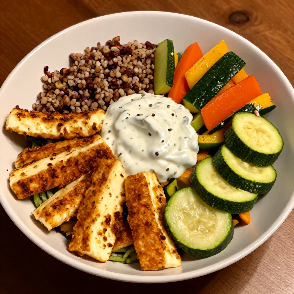 Greek Grain Bowl with Halloumi and Zucchini Crisps