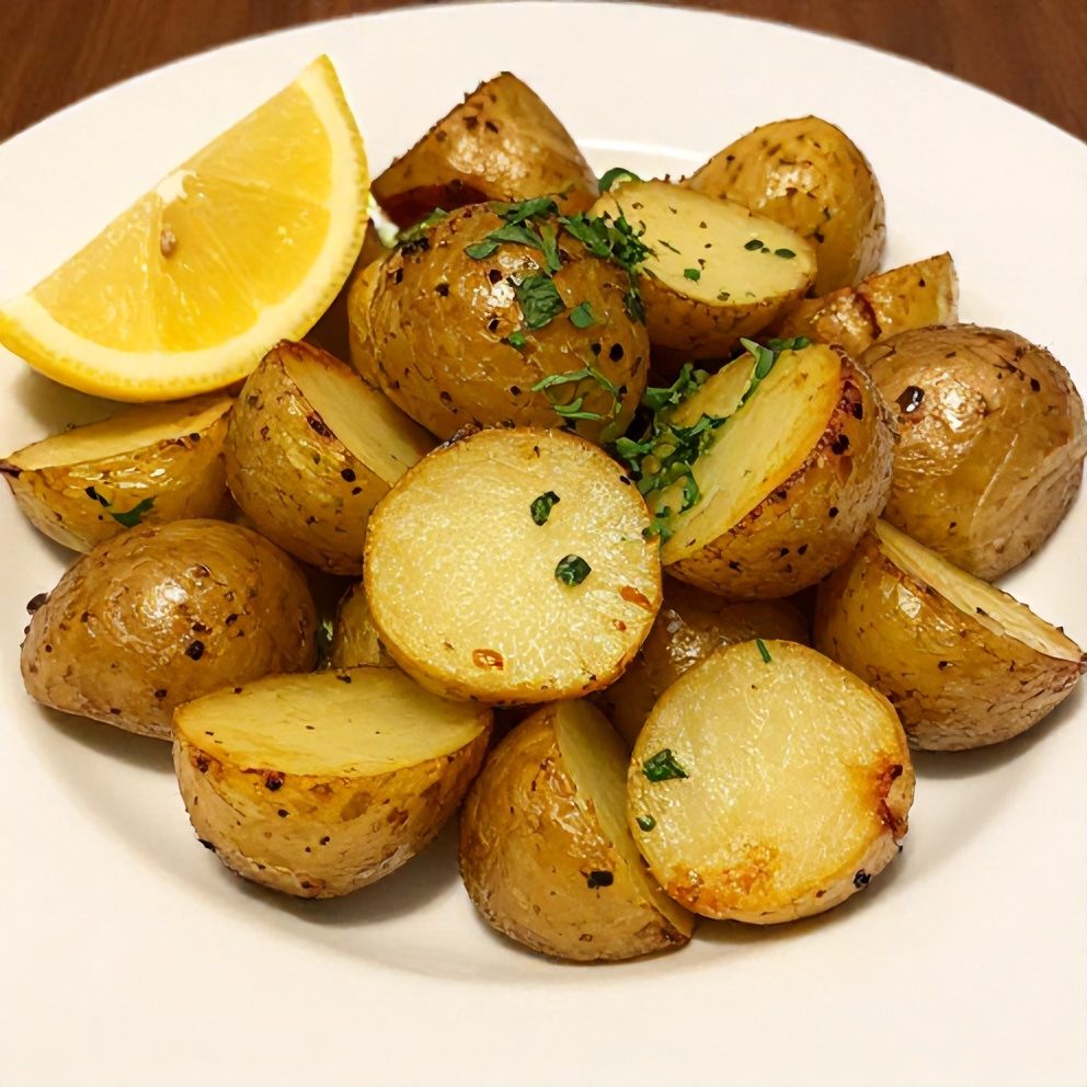 Plated serving of Greek Lemon Potatoes with a lemon wedge and fresh oregano garnish, on a white plate