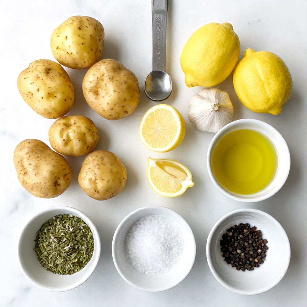 Raw ingredients for Greek Lemon Potatoes arranged in a flat lay, including potatoes, lemons, garlic, olive oil, and oregano