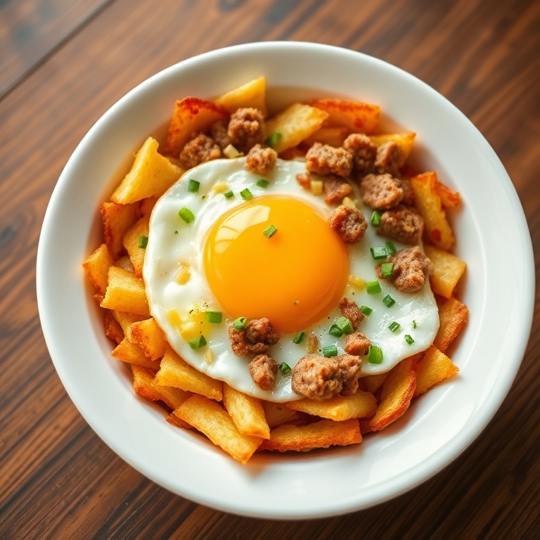 Plated crispy hash brown breakfast bowl with runny yolk, crumbled sausage, and fresh chives