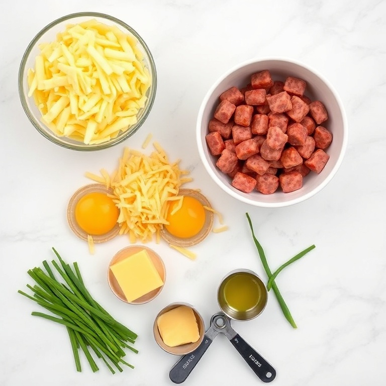 Raw ingredients for crispy hash brown breakfast bowls: shredded potatoes, ground breakfast sausage, eggs, cheddar cheese, chives