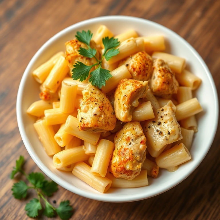 crispy honey pepper chicken mac and cheese served in a white ceramic bowl garnished with fresh parsley and cracked black pepper, sauce glistening, cheese pull visible
