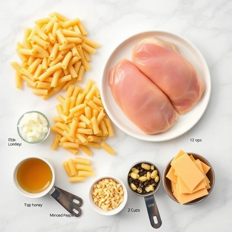 overhead flat lay of raw ingredients: boneless chicken breasts, elbow macaroni, sharp cheddar cheese, honey, black pepper, butter, milk, all-purpose flour, yellow onion, garlic cloves, and paprika on white marble with measuring cups and spoons