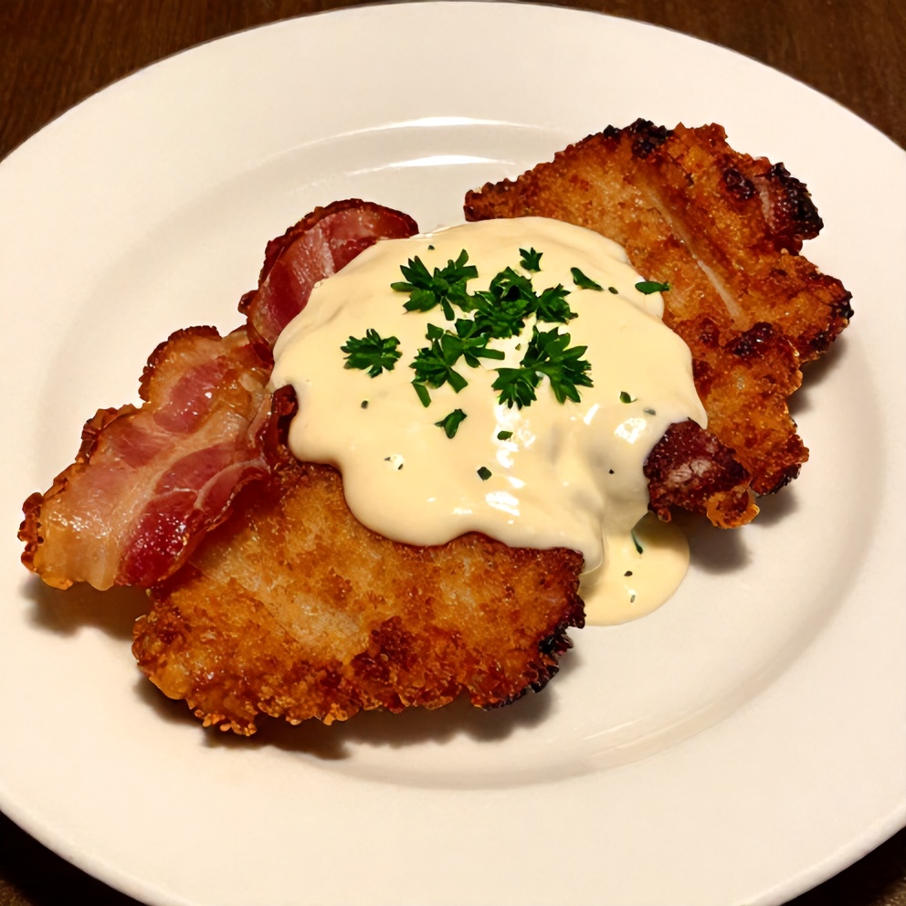 Plated maple bacon pork chops with creamy Dijon sauce