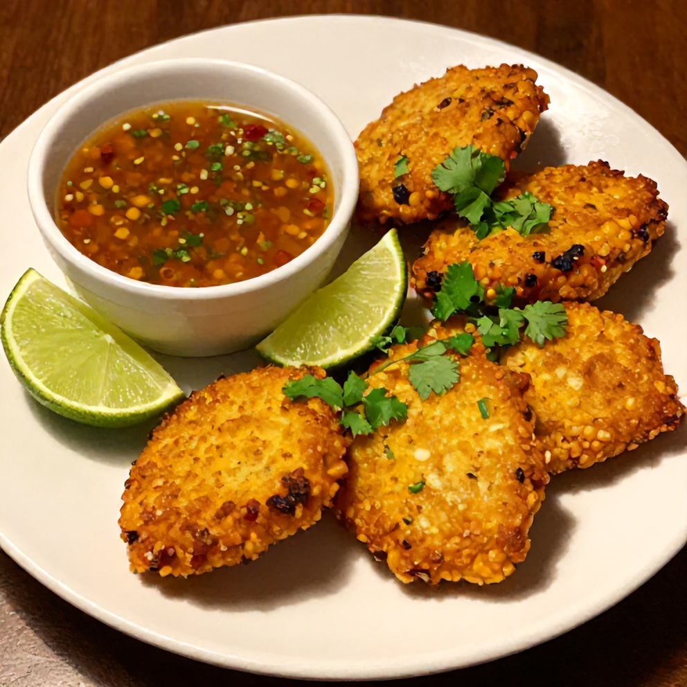 Plated Mexican street corn fritters with spicy lime sauce