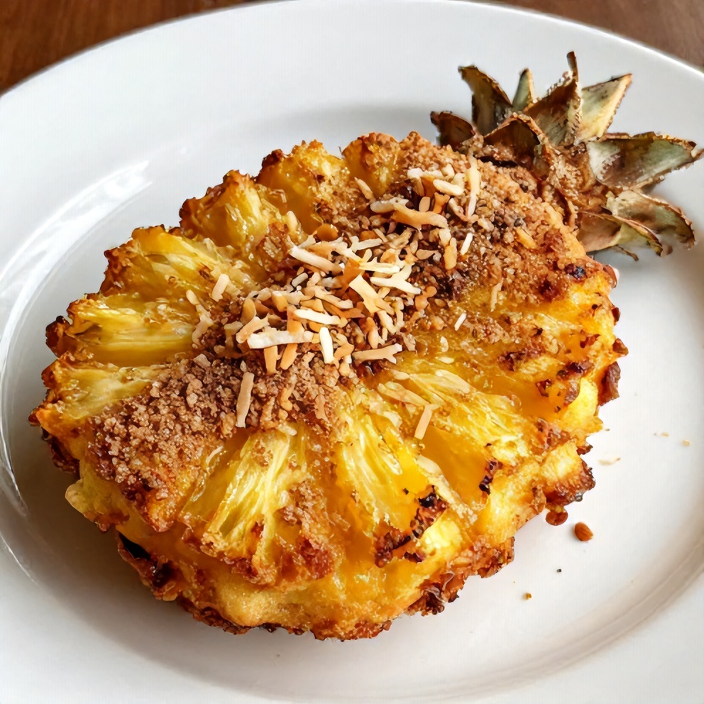 Crispy pineapple fritter dusted with cinnamon sugar on white ceramic plate