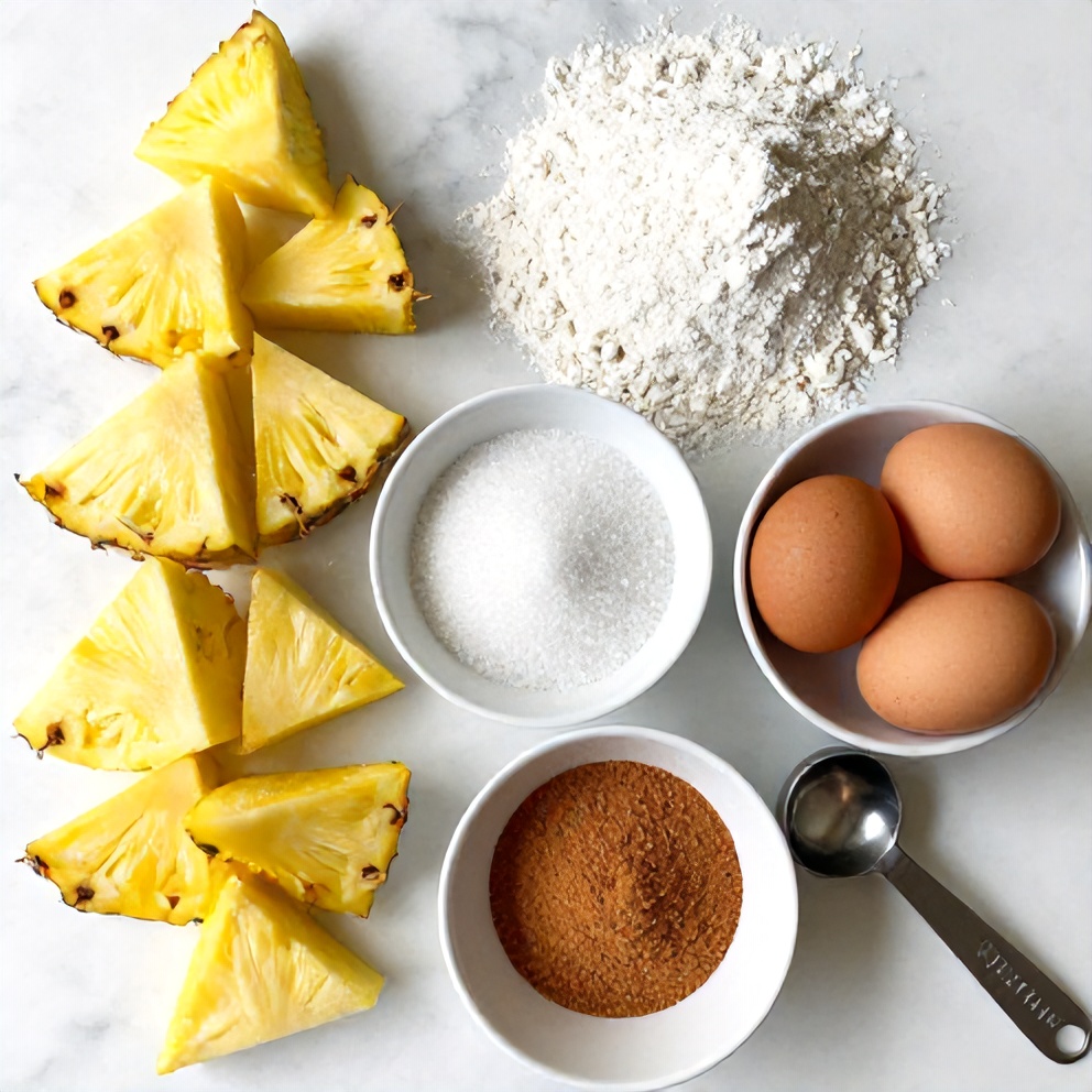 Fresh pineapple chunks, all-purpose flour, eggs, granulated sugar, ground cinnamon overhead flat lay