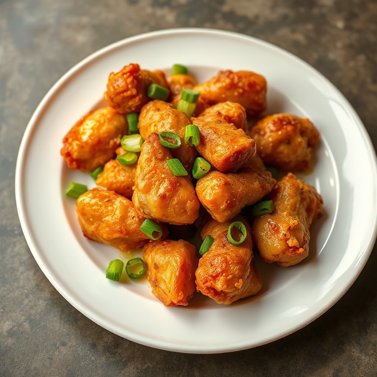 Plated crispy salt and pepper chicken with scallions
