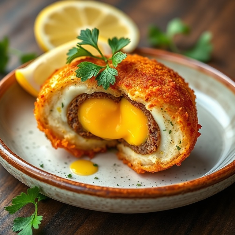 One golden crispy scotch egg plated on rustic ceramic dish with fresh parsley garnish and lemon wedge, close crop, warm side lighting