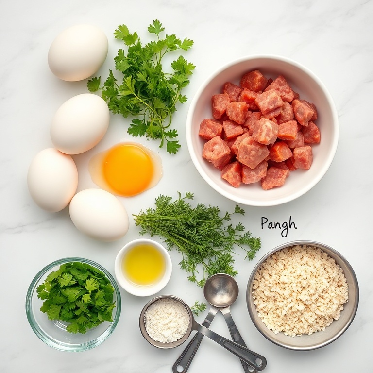 Overhead flat lay of large eggs, ground pork sausage, fresh parsley, fresh thyme, panko breadcrumbs, small prep bowls, measuring spoons, white marble surface