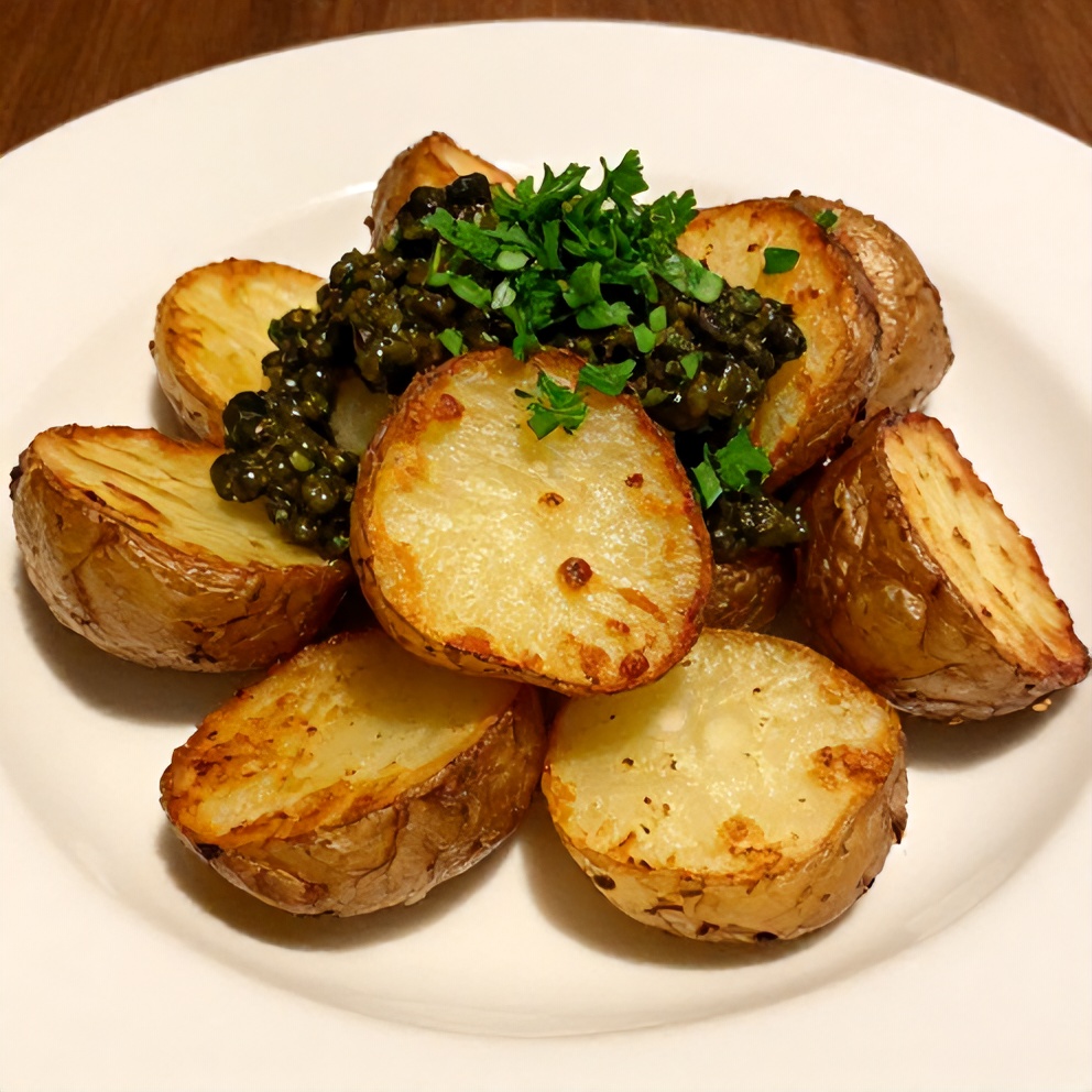 Plated serving of crispy smashed potatoes with olive tapenade