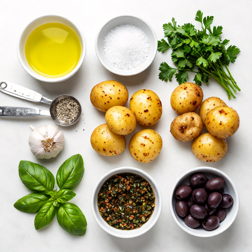Raw ingredients for crispy smashed potatoes with olive tapenade