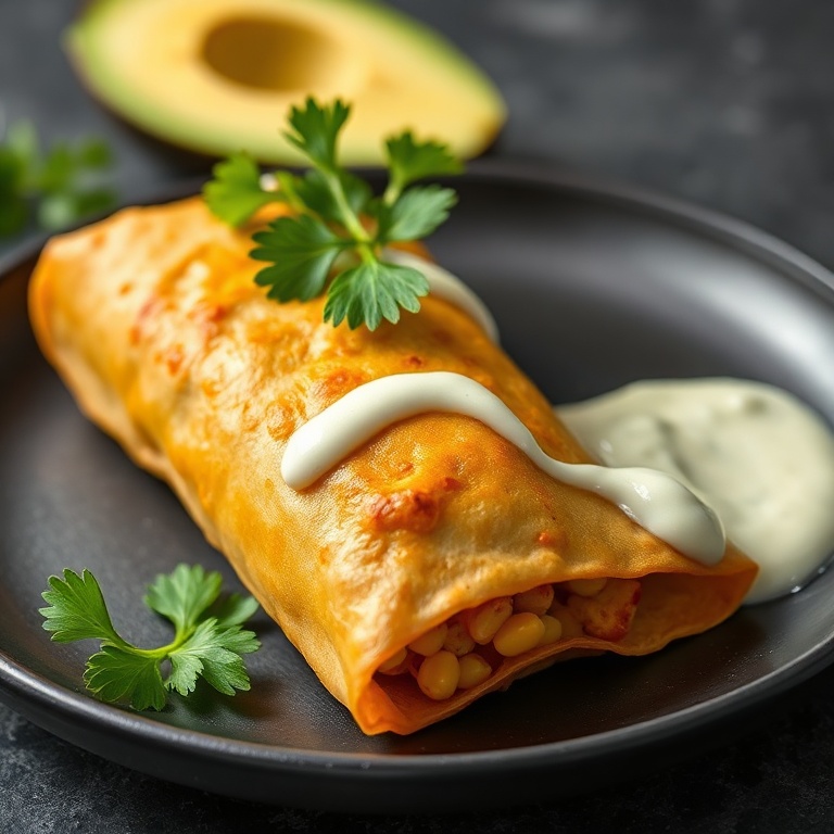 One crispy southwestern chicken egg roll plated on a matte black ceramic plate, garnished with fresh cilantro leaves and a drizzle of avocado ranch.