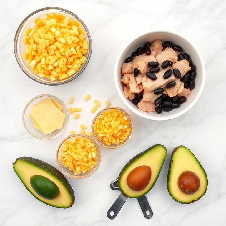 Overhead flat lay of ground chicken, shredded cheddar cheese, canned black beans, frozen corn, and avocado for crispy southwestern chicken egg rolls on white marble with measuring spoons and small prep bowls.