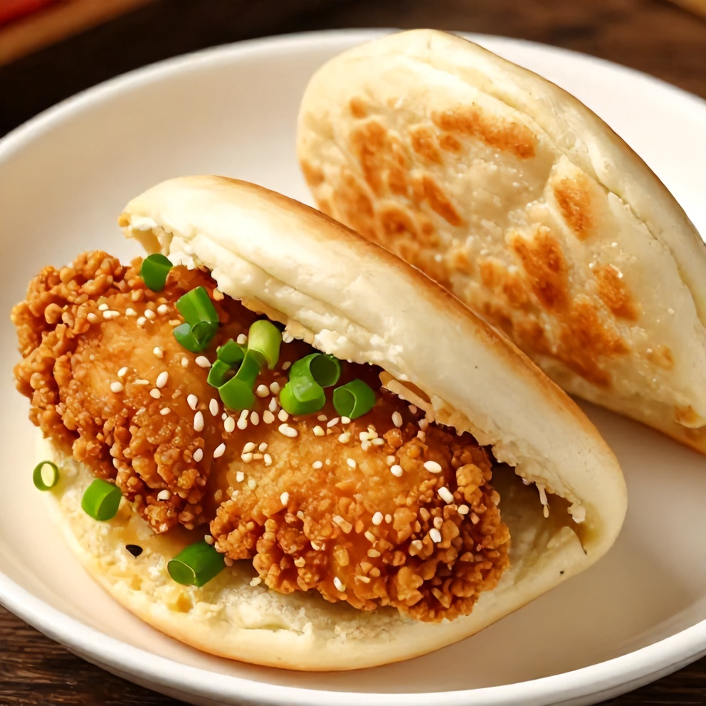 Crispy Sticky Chicken Bao Buns on a plate with green onions