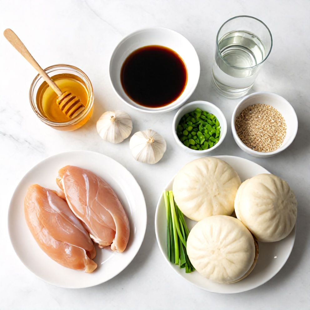 Raw ingredients for Crispy Sticky Chicken Bao Buns on a white marble surface