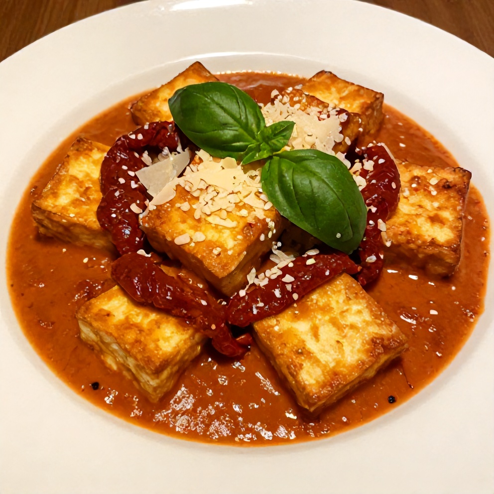 Plated crispy tofu in creamy sun-dried tomato sauce