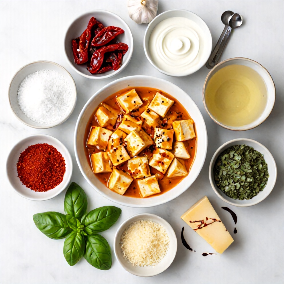 Raw ingredients for crispy tofu in creamy sun-dried tomato sauce