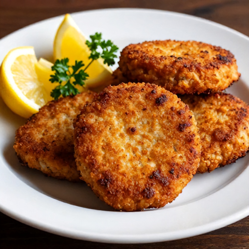 Plated Crispy Tuna Patties with lemon wedges and fresh parsley