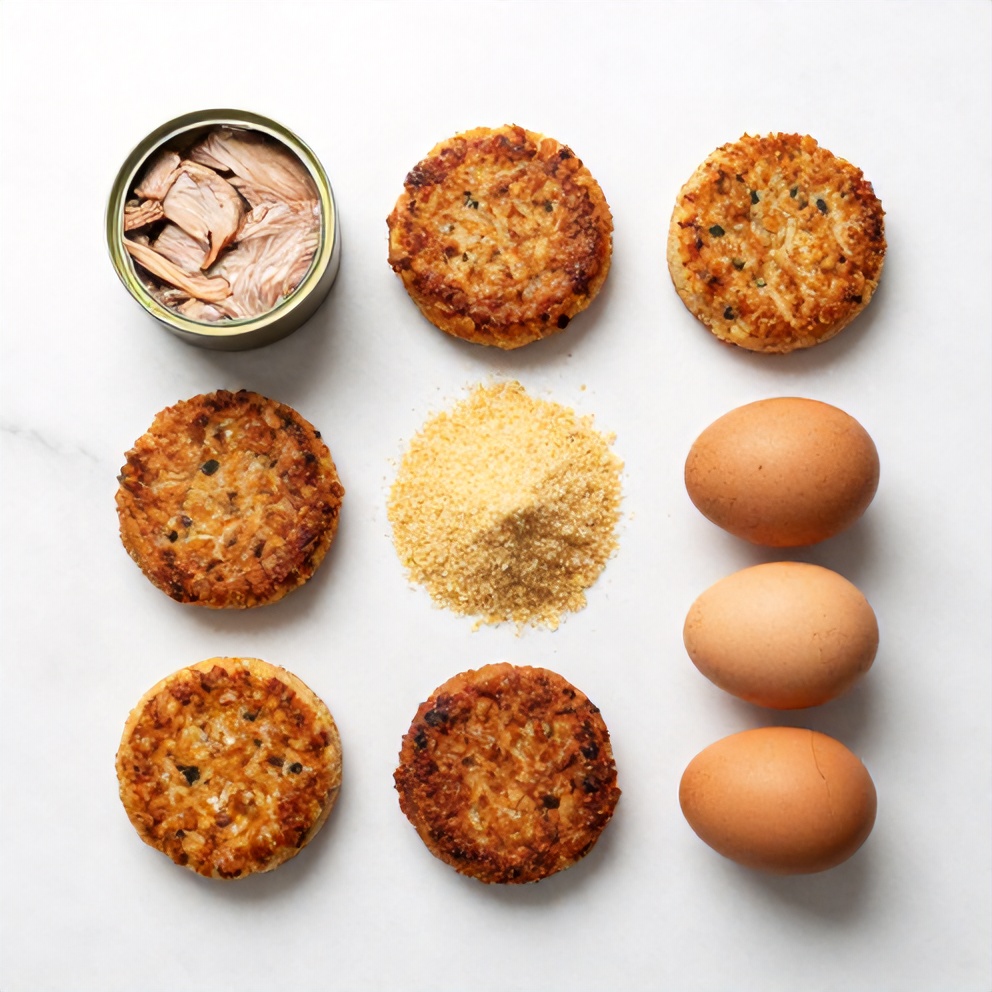 Raw ingredients for Crispy Tuna Patties including canned tuna, breadcrumbs, and eggs