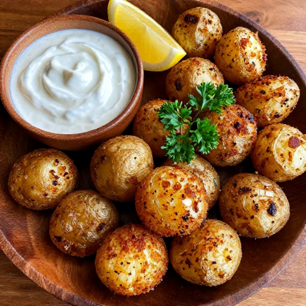 Plated Crispy Za’atar Smashed Potatoes with Creamy Tahini Yogurt