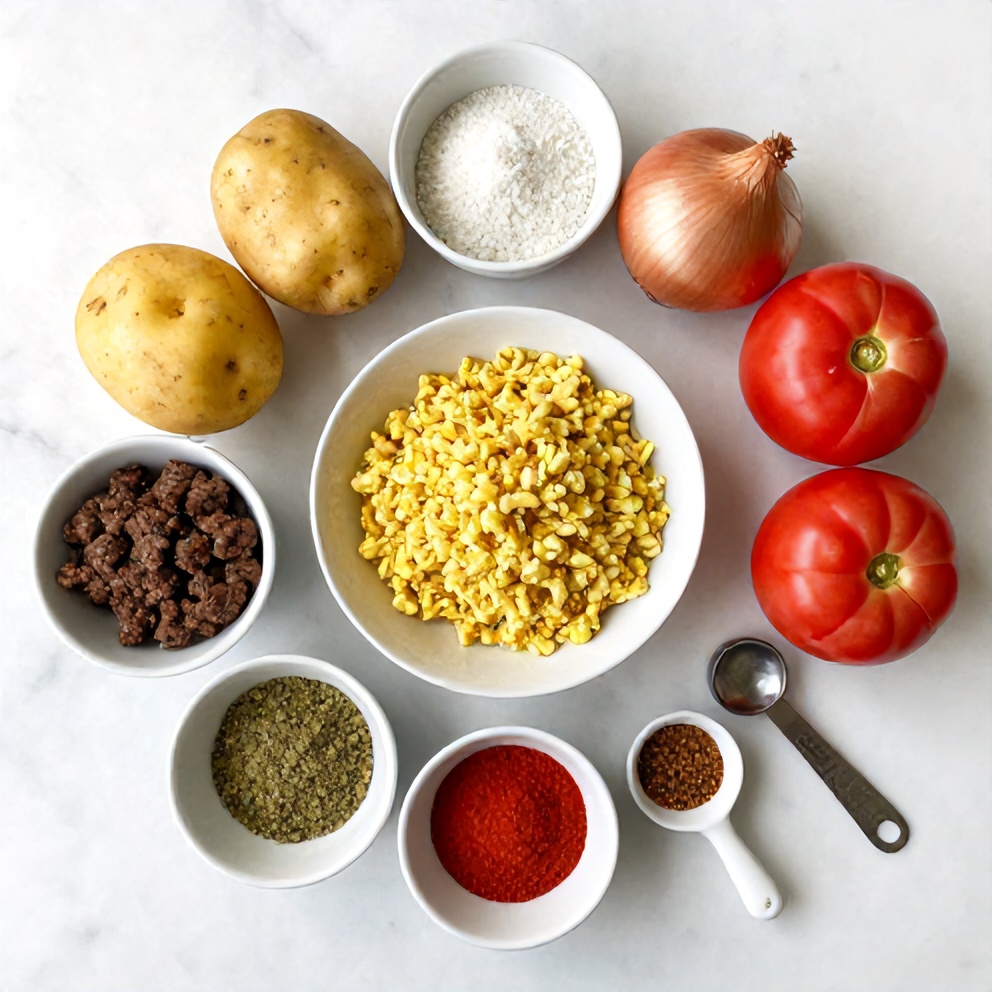 Raw ingredients for Aloo Keema: ground meat, potatoes, onions, tomatoes, and spices