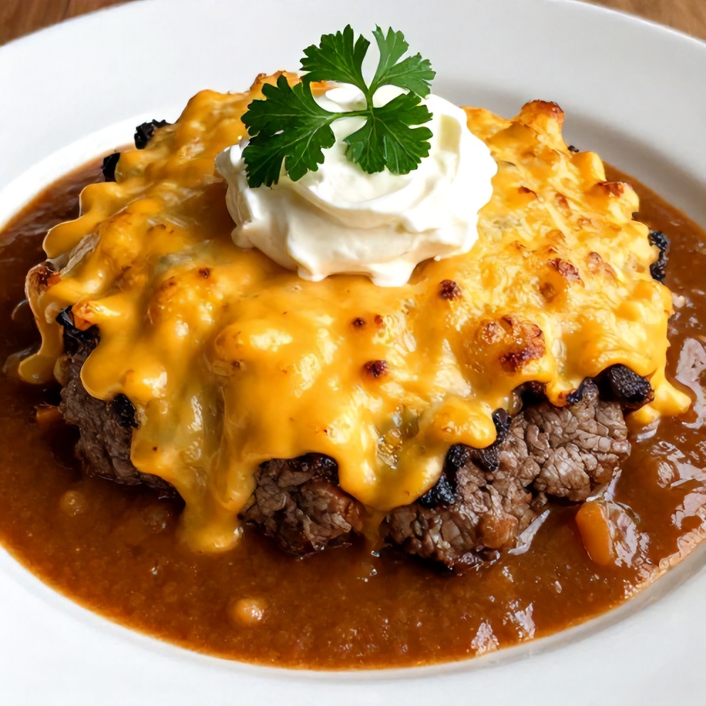 Plated Easy Amish Hamburger Steak Bake with Cheddar Cheese