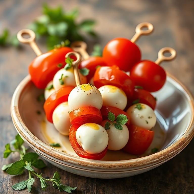 One plated serving of easy antipasto skewers arranged in a rustic ceramic shallow bowl. Garnished with fresh oregano leaves and a drizzle of olive oil. Skewers angled upright, showing layered ingredients. Warm side lighting highlights glossy tomato skin and creamy mozzarella texture. Photorealistic food photography, no text.