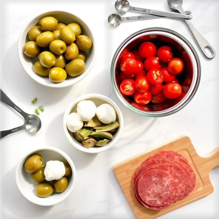 Overhead flat lay of raw ingredients for easy antipasto skewers: green olives in a small ceramic bowl, cherry tomatoes in a stainless steel mixing bowl, marinated artichoke hearts in a glass jar, fresh mozzarella balls in a white ramekin, and thin salami slices loosely stacked. Measuring spoons and a small olive wood cutting board visible. Bright natural light on white marble surface.