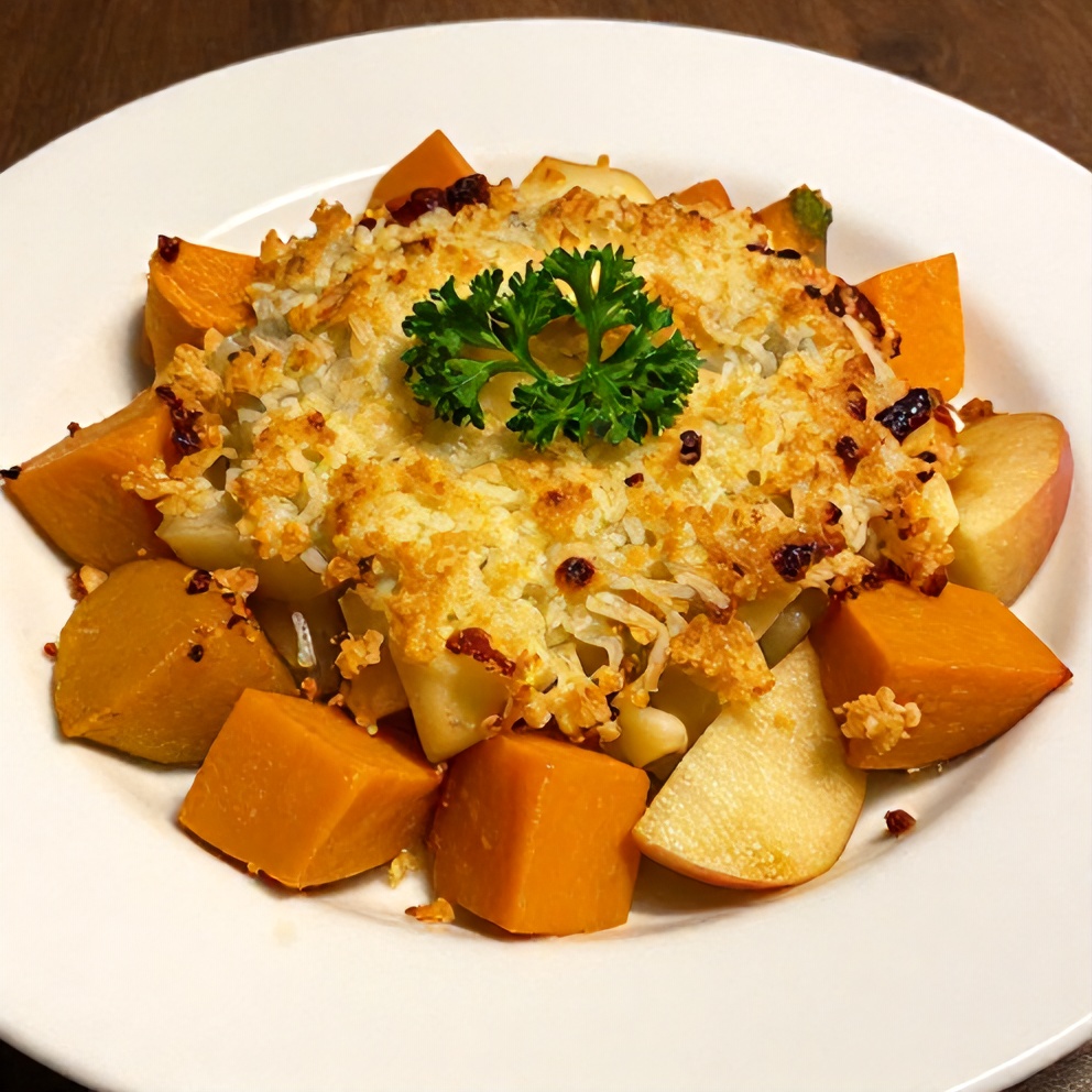 Plated Apple Butternut Squash Casserole with crispy topping