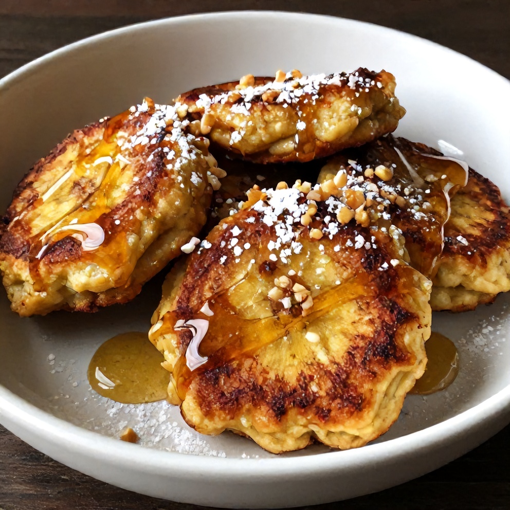 Plated baked cinnamon banana fritters with honey drizzle
