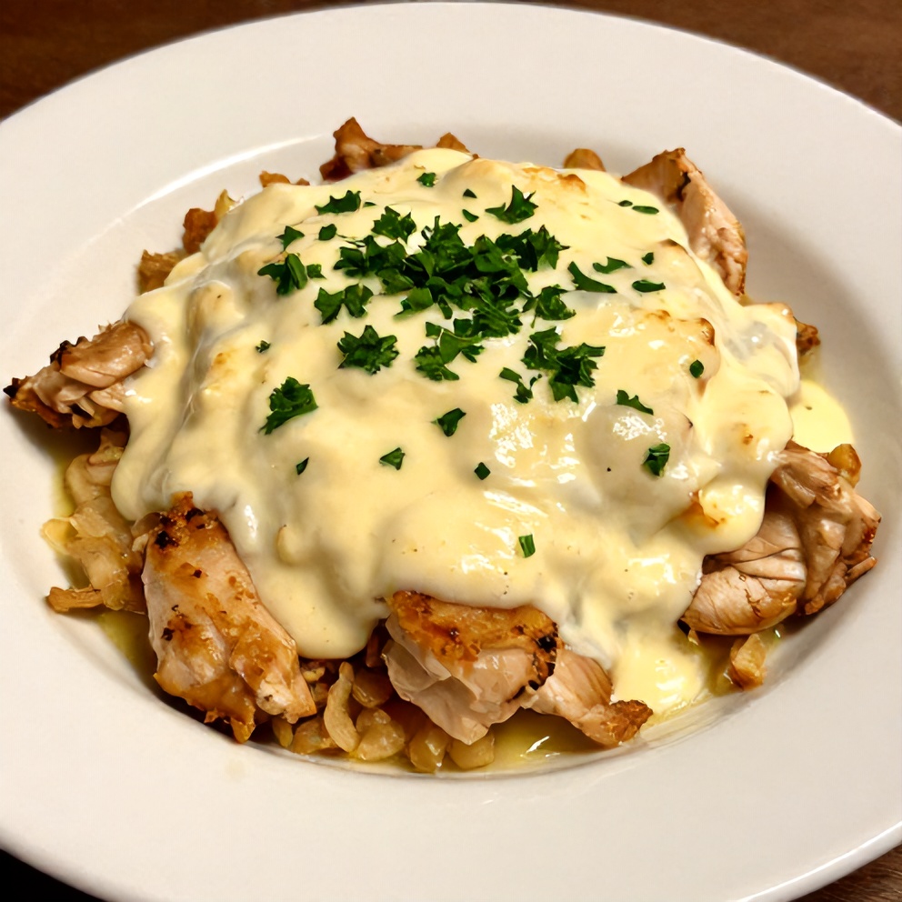 Plated baked sour cream and onion chicken with garnish