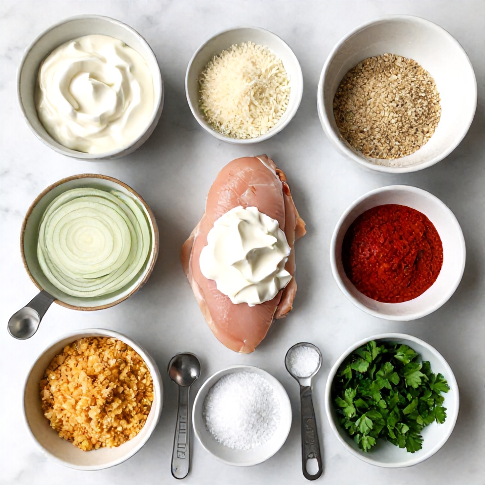 Raw ingredients for baked sour cream and onion chicken