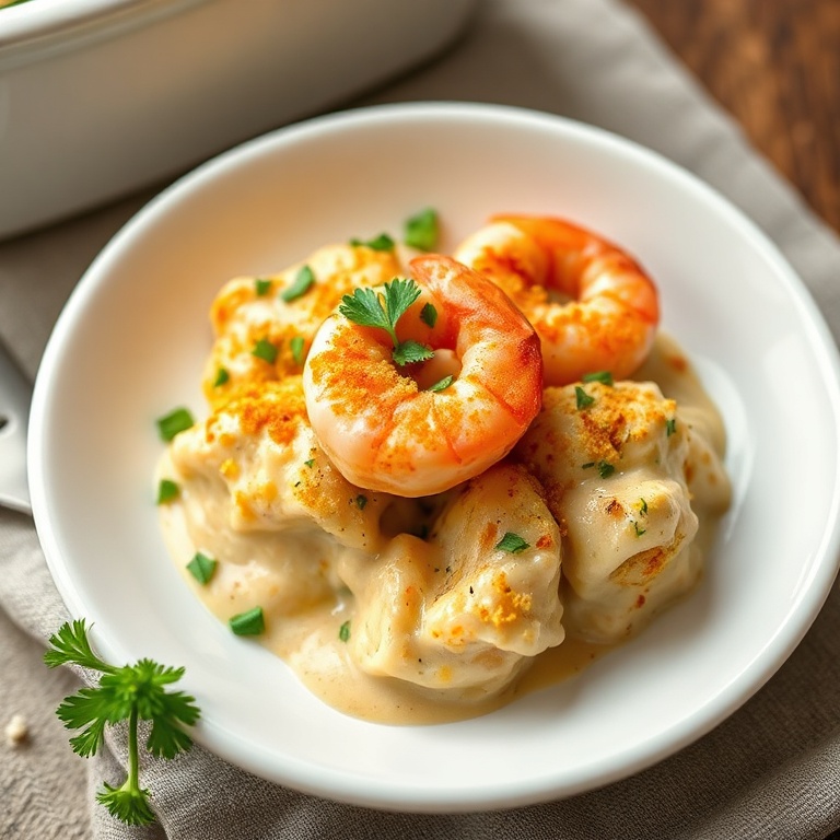 Plated serving of baked stuffed shrimp casserole in white ceramic baking dish, garnished with fresh chopped parsley, creamy sauce oozing, golden panko crust visible, warm side lighting.