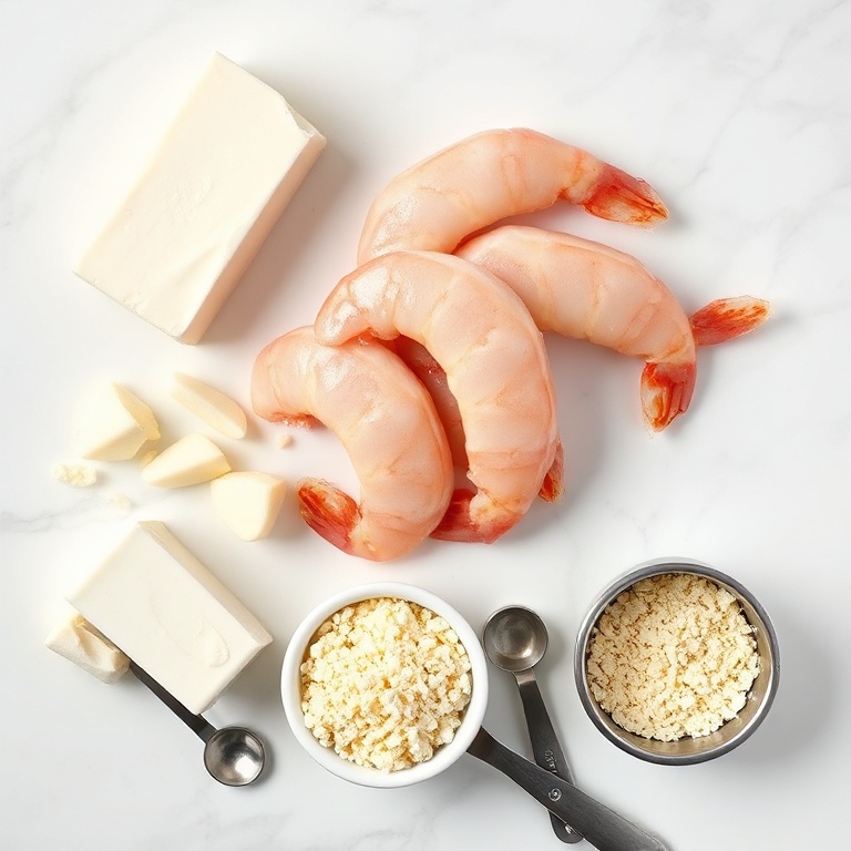 Overhead flat lay of raw shrimp, cream cheese, garlic cloves, panko breadcrumbs, grated parmesan cheese, small prep bowls, stainless steel measuring spoons, white marble surface.