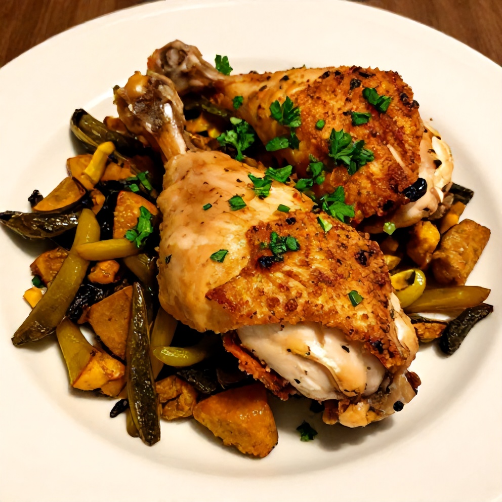 Plated Easy Baked Turmeric Chicken with spring vegetables