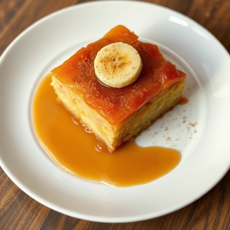 Plated slice of easy banana foster upside down cake on a white ceramic plate, garnished with a single caramelized banana slice and light dusting of cinnamon, fork edge visible on left, warm side lighting highlighting sticky sauce and tender crumb