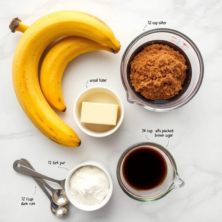 Overhead flat lay of ripe bananas, brown sugar, unsalted butter, all-purpose flour, dark rum, cinnamon, vanilla extract, baking powder, eggs, and walnuts on white marble surface with stainless steel measuring spoons, 1/2 cup measuring cup, and small mixing bowl