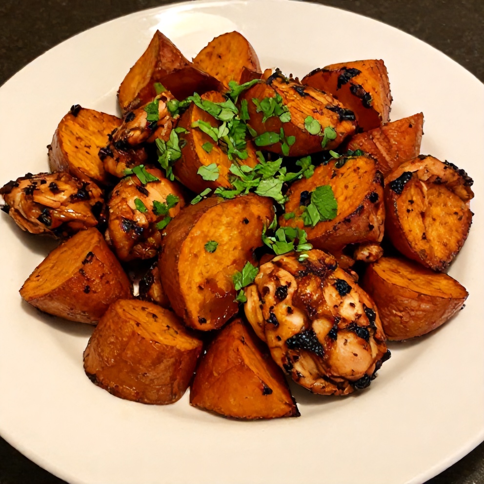 BBQ chicken sweet potato skillet dinner plated