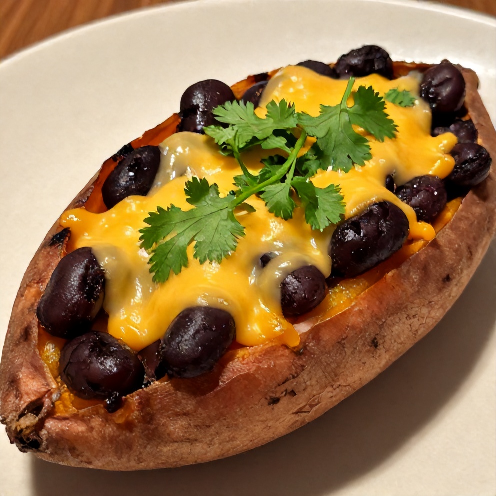 Plated black bean stuffed sweet potatoes