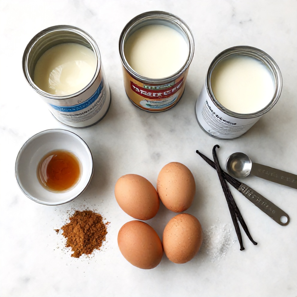 Raw ingredients for Brazilian Coconut Pudding on a marble surface