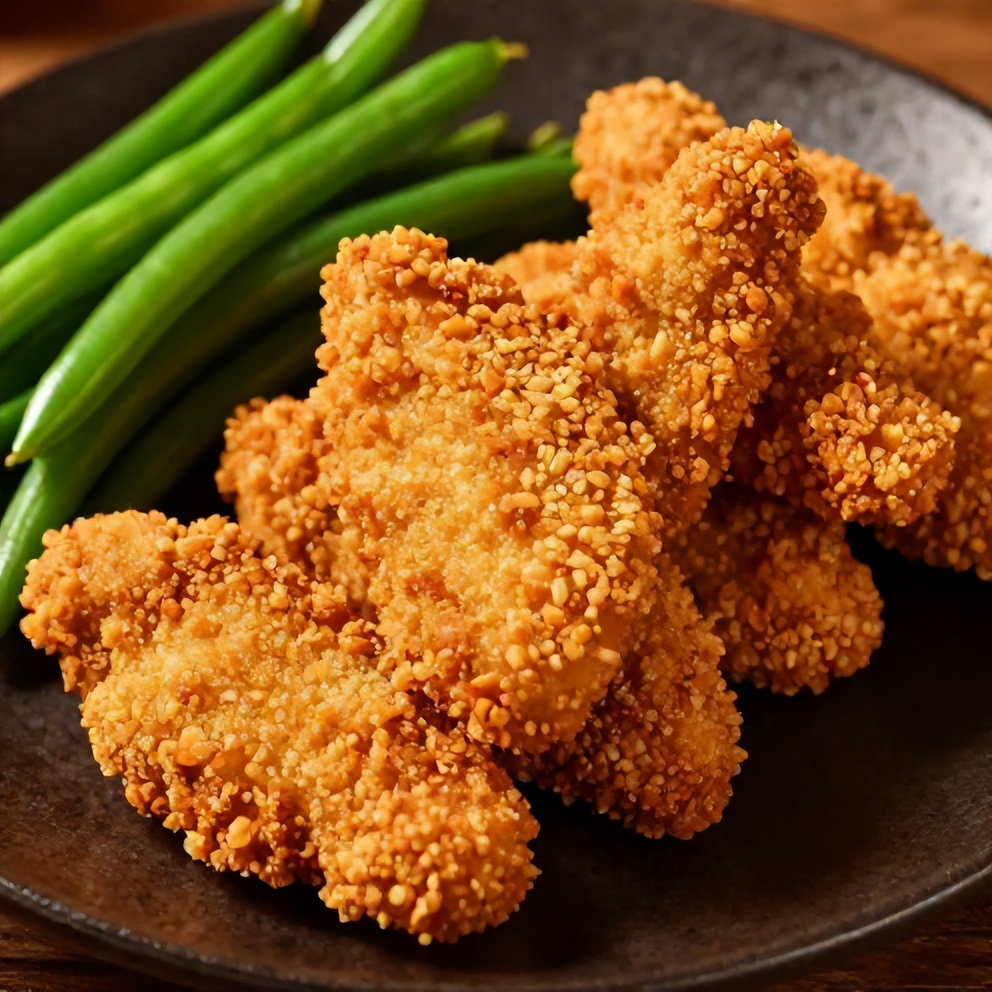 Plated Brown Sugar Chicken Tenders with a side of green beans