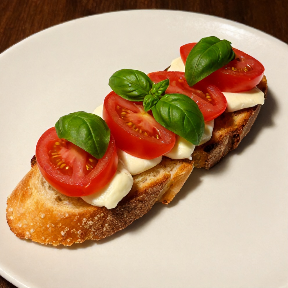 Plated easy bruschetta with heirloom tomatoes and fresh basil