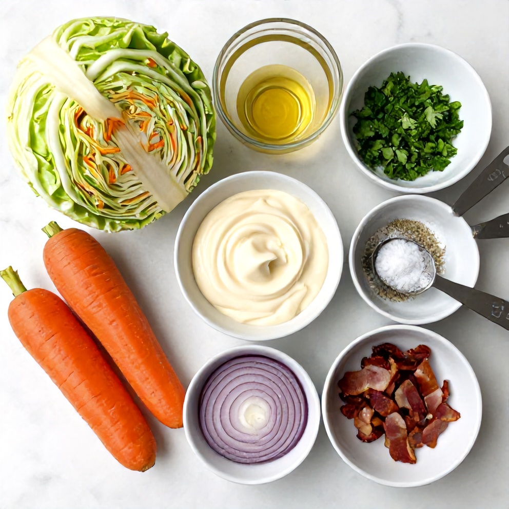 Cabbage, Carrots, Onion, Mustard, Mayonnaise, and Other Ingredients for Easy Cabbage and Carrot Salad