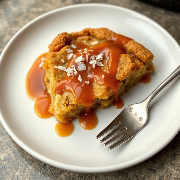 Sliced portion of warm caramel apple cookie skillet on rustic ceramic plate, drizzled with extra caramel sauce and garnished with flaky sea salt.