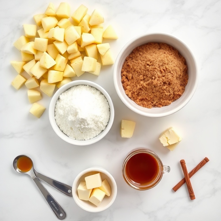 Overhead flat lay of brown sugar, granulated sugar, unsalted butter, Granny Smith apples, rolled oats, caramel sauce, cinnamon, baking soda, and sea salt on white marble with ceramic bowls and stainless steel measuring spoons.